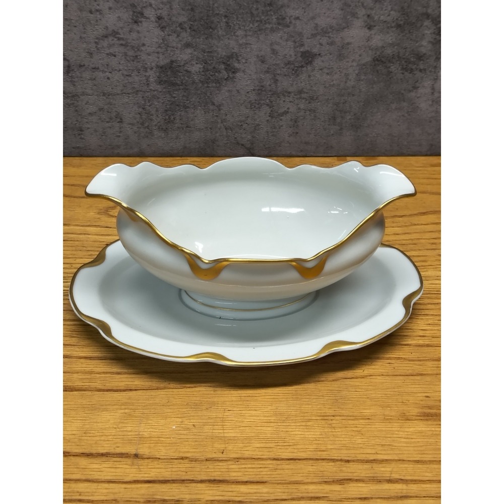 Vintage- Vignaud Limoges- White / Gold Rim Gravy Boat With Attached Underplate